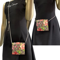 GUCCI Pink Blooms GG Supreme French Flap Wallet with Adjustable Chain Gucci