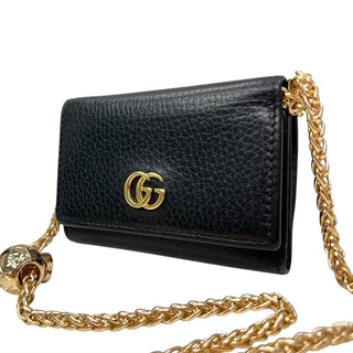 GUCCI Black Leather GG Marmont Compact Wallet with Adjustable Chain Gucci