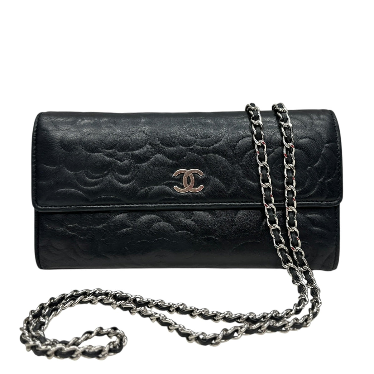 CHANEL Black Lambskin SHW Camellia Long Flap Wallet Chanel