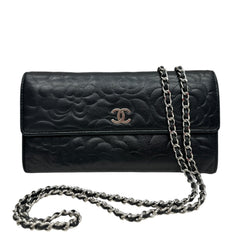 CHANEL Black Lambskin SHW Camellia Long Flap Wallet Chanel
