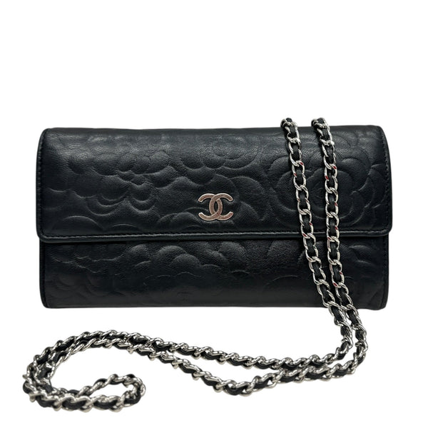 CHANEL Black Lambskin SHW Camellia Long Flap Wallet Chanel