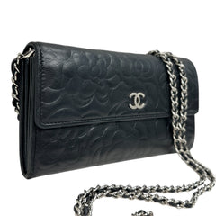 CHANEL Black Lambskin SHW Camellia Long Flap Wallet Chanel