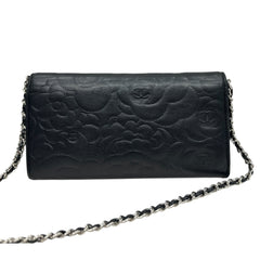 CHANEL Black Lambskin SHW Camellia Long Flap Wallet Chanel
