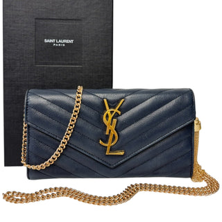 SAINT LAURENT Navy Grained Leather Chevron Cassandra Clutch with Chain/Tassel Saint Laurent