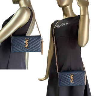 SAINT LAURENT Navy Grained Leather Chevron Cassandra Clutch with Chain/Tassel Saint Laurent