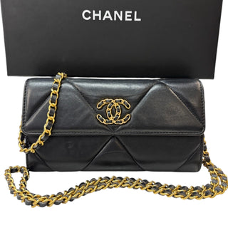 CHANEL 19 Black Goatskin Large Quilt Long Flap Wallet Chanel