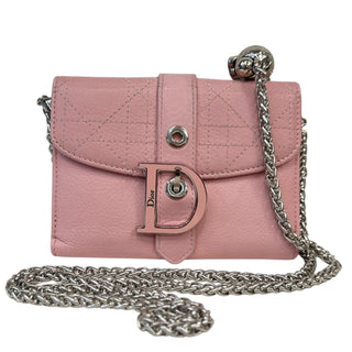 DIOR Pink Leather Cannage Stitch Compact Wallet with Added Adjustable Chain Dior