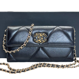 CHANEL 19 Black Goatskin Large Quilt Long Flap Wallet Chanel