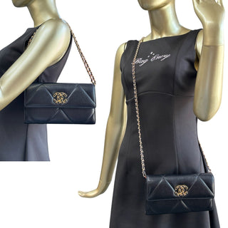 CHANEL 19 Black Goatskin Large Quilt Long Flap Wallet Chanel