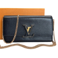 LOUIS VUITTON Black Taurillon Capucines Leather Wallet added Chain Louis Vuitton