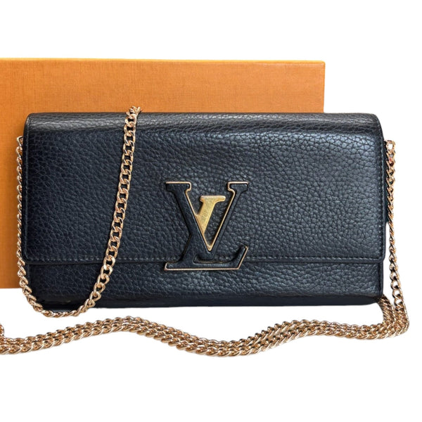 LOUIS VUITTON Black Taurillon Capucines Leather Wallet added Chain Louis Vuitton