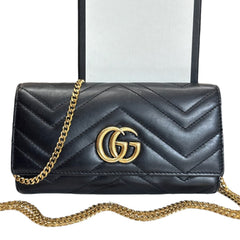 GUCCI Black Leather GG Marmont Wallet with Chain Gucci