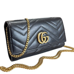 GUCCI Black Leather GG Marmont Wallet with Chain Gucci