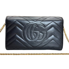 GUCCI Black Leather GG Marmont Wallet with Chain Gucci