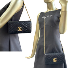GUCCI Black Leather GG Marmont Wallet with Chain Gucci