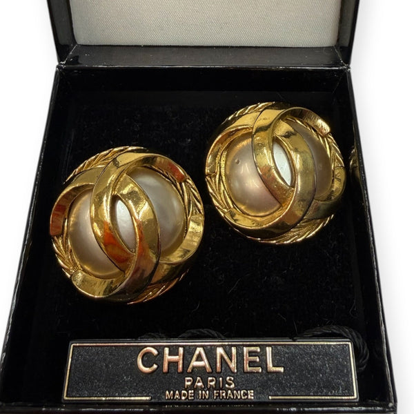 Vintage CHANEL 24k Gold Plated CC Logo Faux Pearl Clip Earrings Chanel