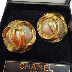 Vintage CHANEL 24k Gold Plated CC Logo Faux Pearl Clip Earrings Chanel