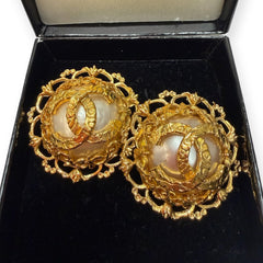 Vintage CHANEL 24k Gold Plated CC Logo Faux Pearl Filigree Clip Earrings Chanel