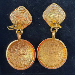Vintage CHANEL 24k Gold Plated Quilted CC Logo Drop Clip Earrings Chanel