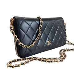 CHANEL Black Lambskin Quilted GHW Zip Wallet Chanel