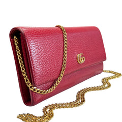 GUCCI Red Grained Leather GG Marmont Wallet with Chain Gucci