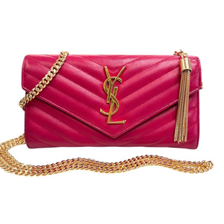 SAINT LAURENT Magenta Grained Leather Chevron Cassandra Clutch with Chain/Tassel Saint Laurent