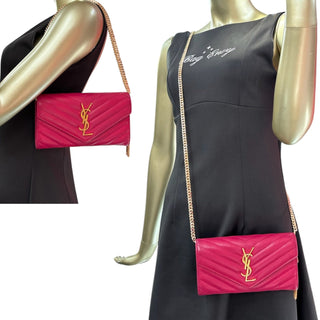SAINT LAURENT Magenta Grained Leather Chevron Cassandra Clutch with Chain/Tassel Saint Laurent