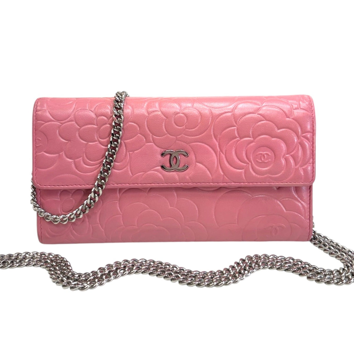 CHANEL Pink Lambskin SHW Camellia Long Flap Wallet Chanel