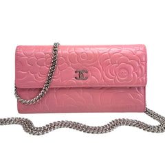 CHANEL Pink Lambskin SHW Camellia Long Flap Wallet Chanel