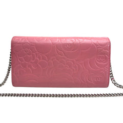 CHANEL Pink Lambskin SHW Camellia Long Flap Wallet Chanel