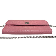 CHANEL Pink Lambskin SHW Camellia Long Flap Wallet Chanel