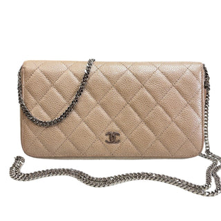 CHANEL Metalic Champagne Caviar Leather Quilted SHW Zip Wallet Chanel