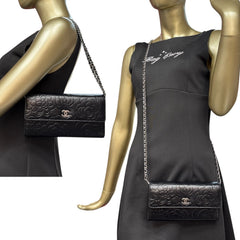 CHANEL Black Lambskin SHW Camellia Long Flap Wallet Chanel