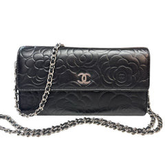 CHANEL Black Lambskin SHW Camellia Long Flap Wallet Chanel