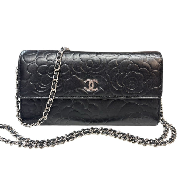 CHANEL Black Lambskin SHW Camellia Long Flap Wallet Chanel
