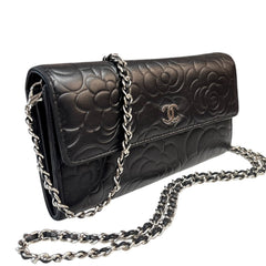 CHANEL Black Lambskin SHW Camellia Long Flap Wallet Chanel