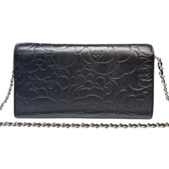 CHANEL Black Lambskin SHW Camellia Long Flap Wallet Chanel