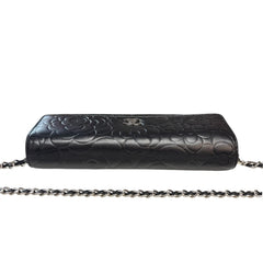 CHANEL Black Lambskin SHW Camellia Long Flap Wallet Chanel