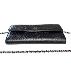 CHANEL Black Lambskin SHW Camellia Long Flap Wallet Chanel