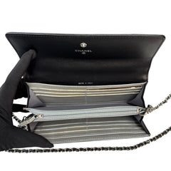 CHANEL Black Lambskin SHW Camellia Long Flap Wallet Chanel