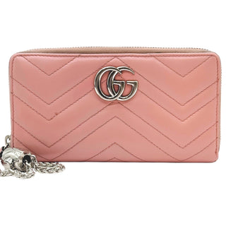 GUCCI Pink Leather Marmont Zip Wallet with Crossbody Chain Gucci