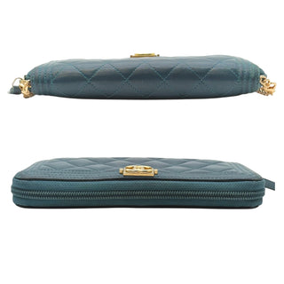 CHANEL Indigo Calfskin Quilted Stitch Boy Zip Wallet Chanel