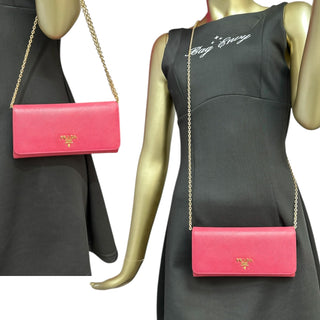 PRADA Pink Saffiano Leather Wallet/Card Holder with Chain Prada