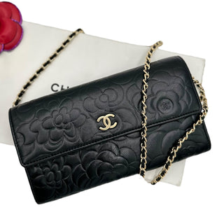 CHANEL Lambskin Camellia Long Flap Wallet Chanel