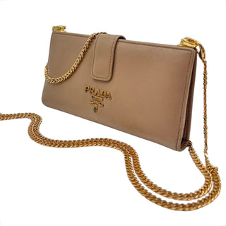 PRADA Beige Continental Saffiano Leather Wallet with Chain Prada