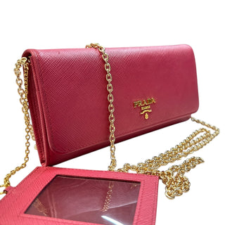 PRADA Pink Saffiano Leather Wallet/Card Holder with Chain Prada