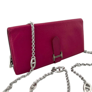 HERMES Pink Chevre Leather Bearn Wallet with Unbranded Crossbody Chain Hermes