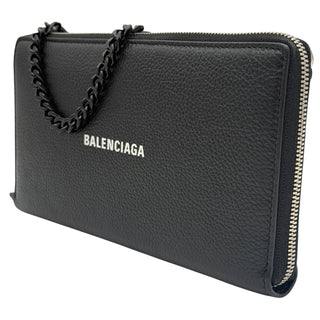 BALENCIAGA Black Leather Zip Wallet with added Chain Balenciaga