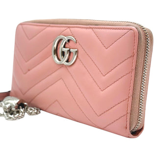 GUCCI Pink Leather Marmont Zip Wallet with Crossbody Chain Gucci