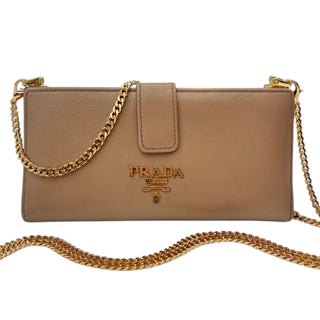 PRADA Beige Continental Saffiano Leather Wallet with Chain Prada